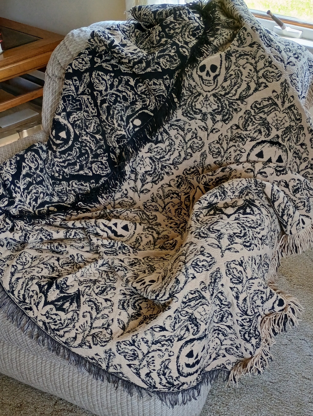 Rachel Zoe Black and Cream Halloween Skull Jacquard Throw